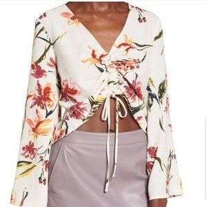 BOGO Leith Floral Cropped Top S Ruched  Drawstring Tie Bell Slvs Crepe Texture